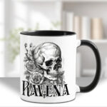 skull three roses black white gothic print ceramic mug