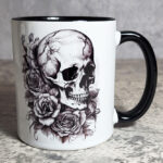 Skull Three Roses Black White Gothic Print Ceramic Mug