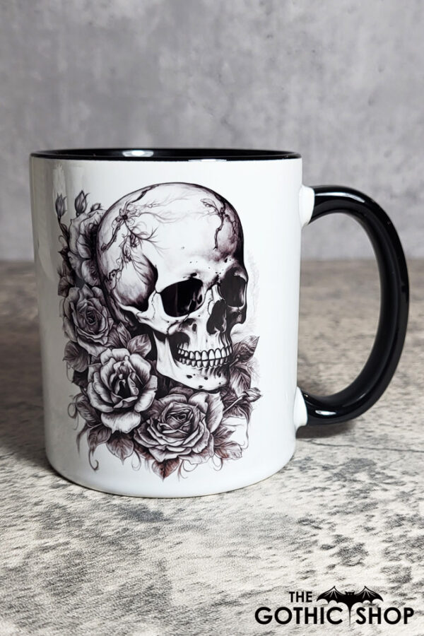 Skull Three Roses Black White Gothic Print Ceramic Mug