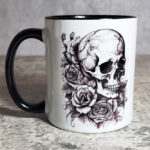 Skull Three Roses Black White Gothic Print Ceramic Mug