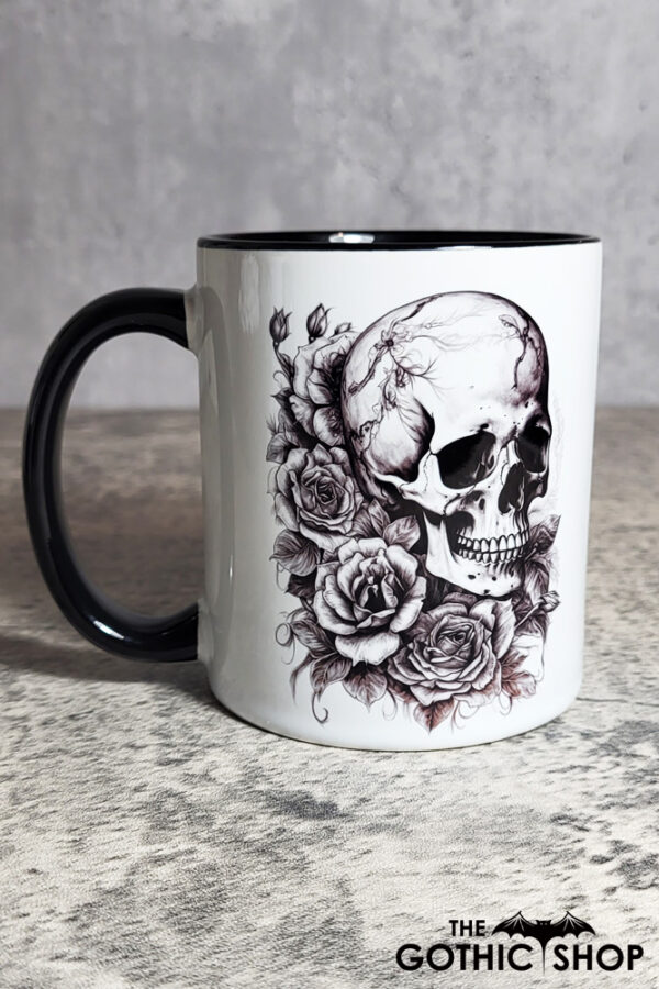 Skull Three Roses Black White Gothic Print Ceramic Mug