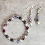 Purple Mix Crystal & Silver Glass Pearl Gothic Stretch Bracelet and earrings