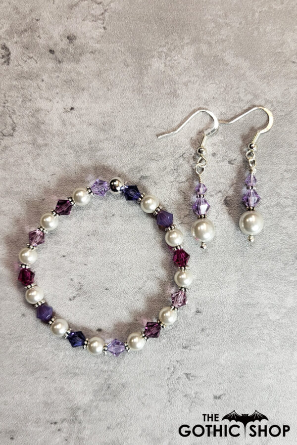 Purple Mix Crystal & Silver Glass Pearl Gothic Stretch Bracelet and earrings