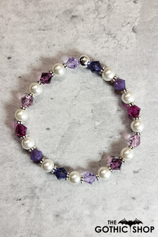 Purple Mix Crystal & Silver Glass Pearl Gothic Stretch Bracelet