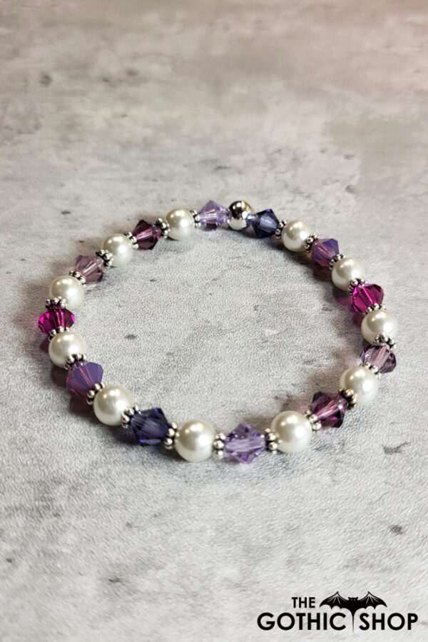 Purple Mix Crystal & Silver Glass Pearl Gothic Stretch Bracelet