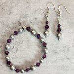 Amethyst Purple Crystal & Blue Silver Glass Pearl Gothic Stretch Bracelet and earrings