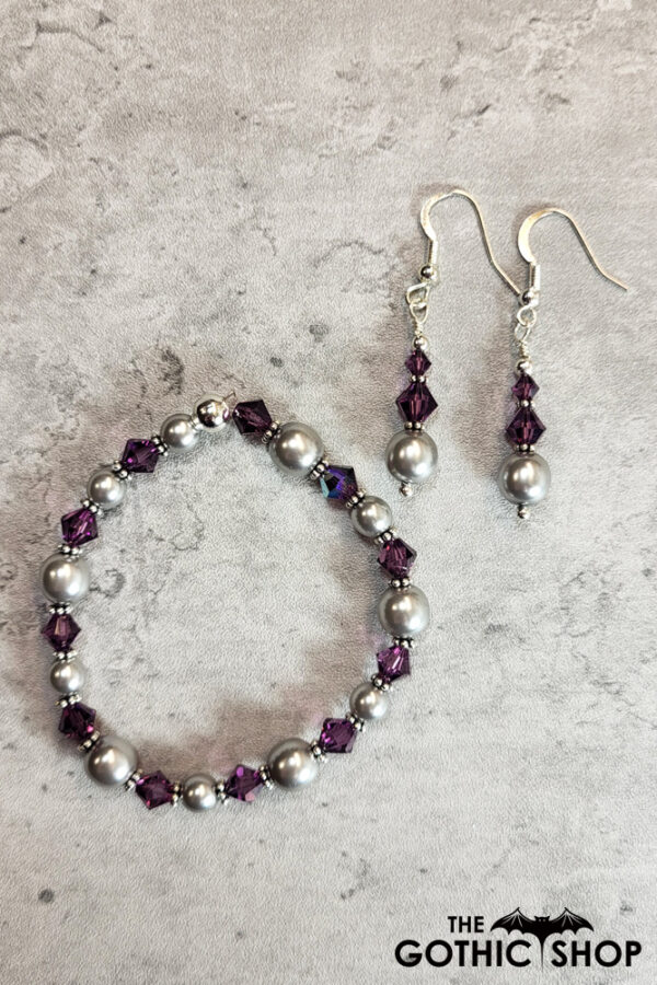 Amethyst Purple Crystal & Blue Silver Glass Pearl Gothic Stretch Bracelet and earrings