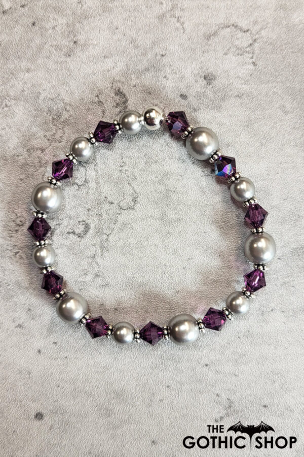 Amethyst Purple Crystal & Blue Silver Glass Pearl Gothic Stretch Bracelet