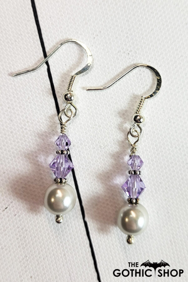 Violet Purple Crystal & Silver Glass Pearl Beads Gothic Dangle Earrings