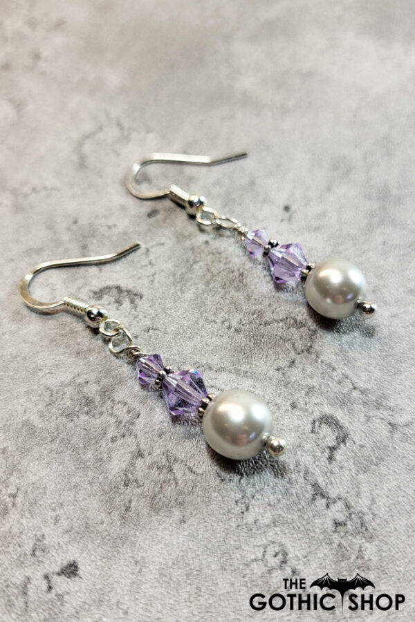 Violet Purple Crystal & Silver Glass Pearl Beads Gothic Dangle Earrings