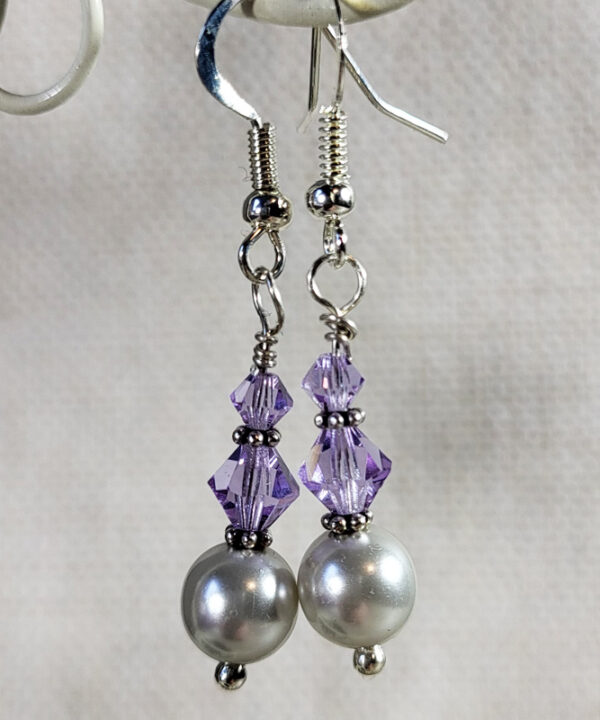 Violet Purple Crystal & Silver Glass Pearl Beads Gothic Dangle Earrings