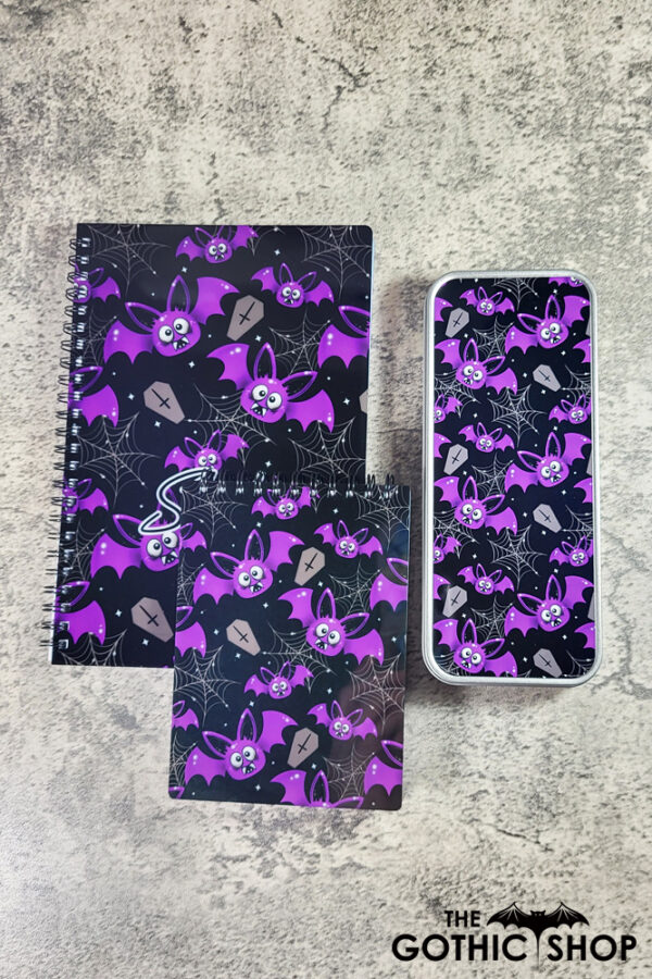 Purple Bats & Cobwebs Gothic A6 Notepad, A5 Notebook and pencil tin