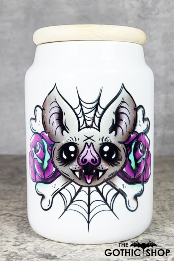 Rosita Bat Purple Rose Cobwebs Small Cookie Jar Tea Container