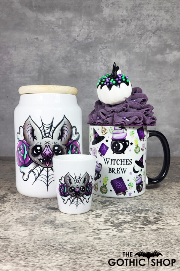 Rosita Bat Purple Rose Cobwebs Small Cookie Jar Tea Container and eggcup