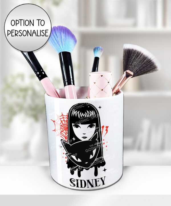 stay strange goth girl & cat pen or makeup brush pot