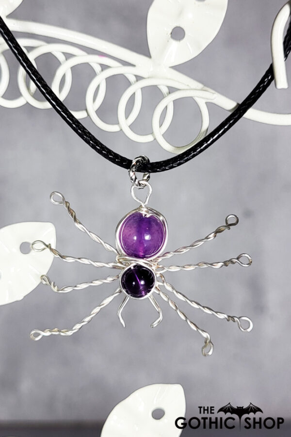 Wire Wrapped Spider & Purple Amethyst Beads Pendant Necklace