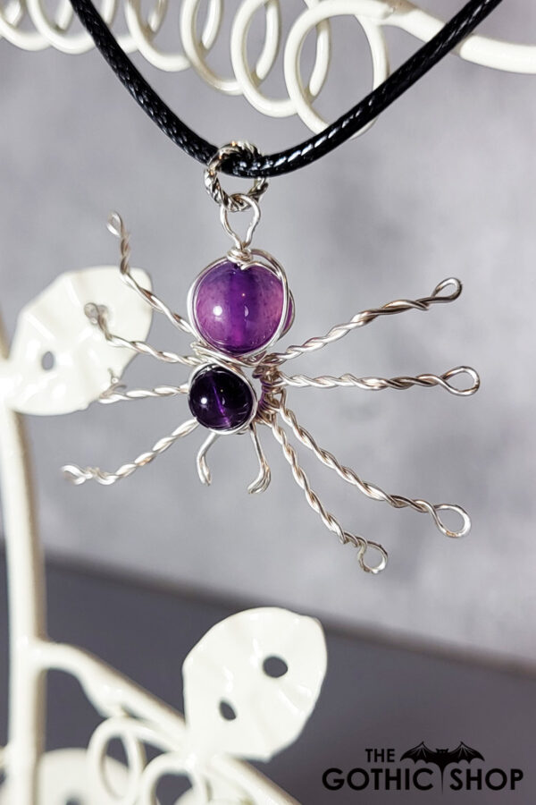 Wire Wrapped Spider & Purple Amethyst Beads Pendant Necklace