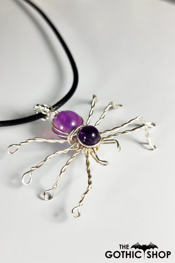 Wire Wrapped Spider & Purple Amethyst Beads Pendant Necklace