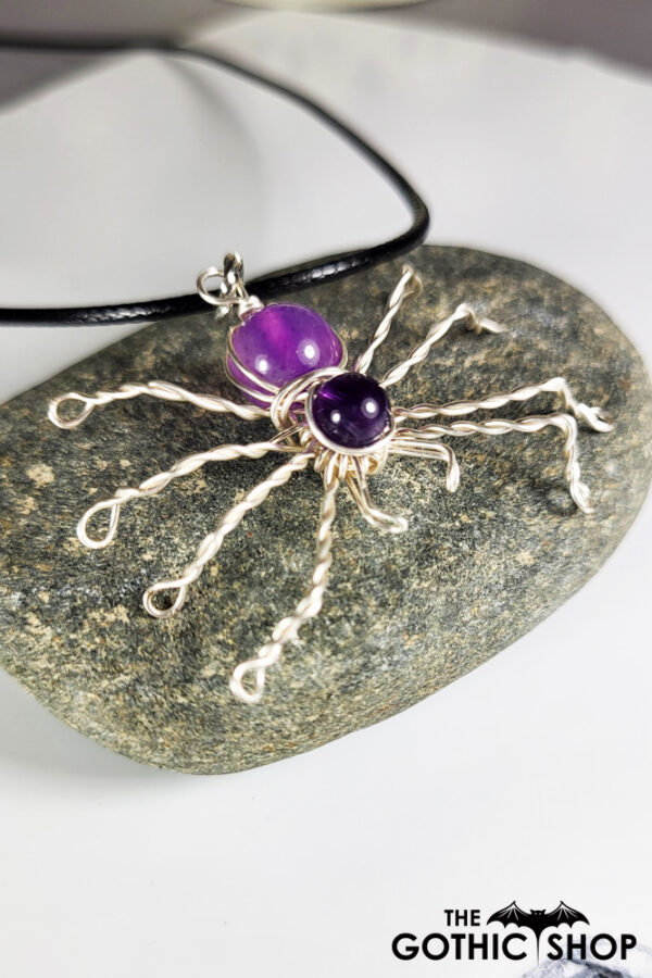 Wire Wrapped Spider & Purple Amethyst Beads Pendant Necklace
