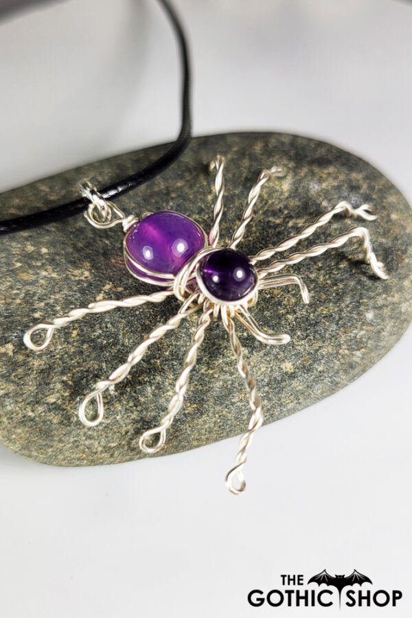 Wire Wrapped Spider & Purple Amethyst Beads Pendant Necklace