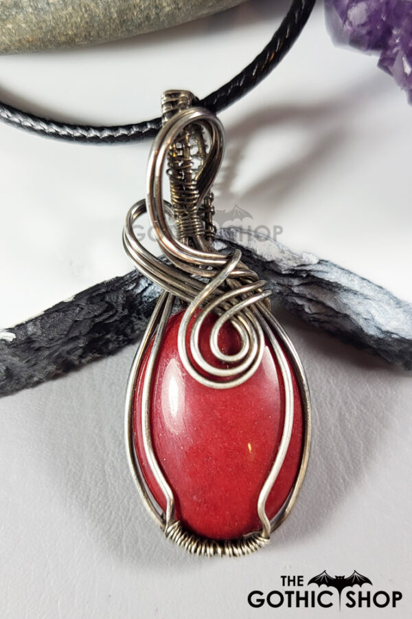 Swirly Red Jade Oxidised Silver Wire Wrapped Gothic Pendant Necklace