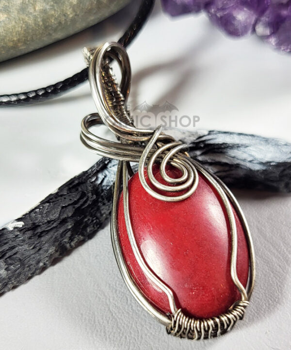Swirly Red Jade Oxidised Silver Wire Wrapped Gothic Pendant Necklace