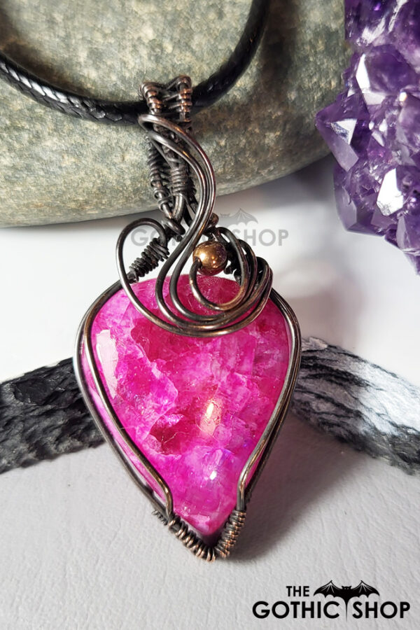 Beads & Swirls Pink Teardrop Oxidised Copper Gothic Pendant Necklace