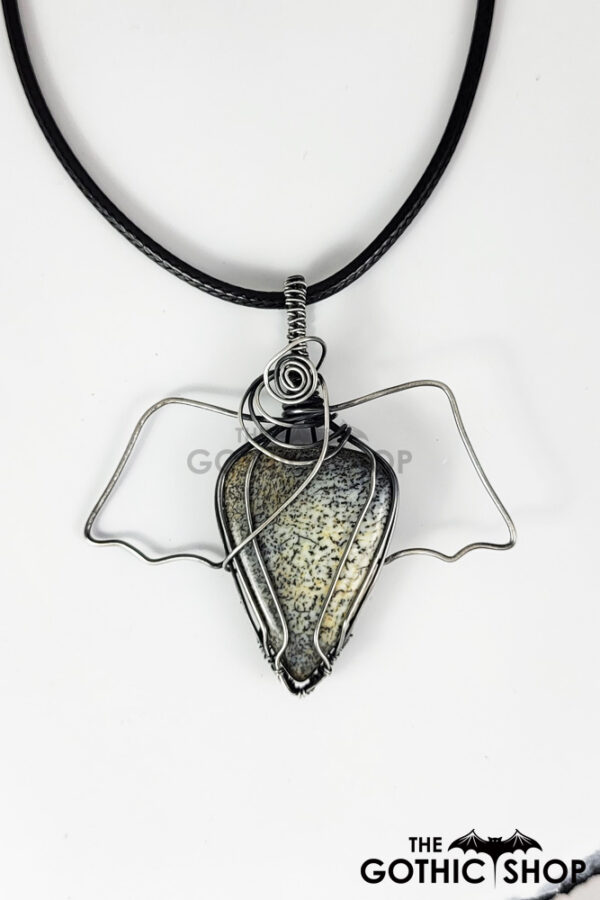 Swirly Bat Wing Dendritic Opal Oxidised Silver Gothic Pendant Necklace