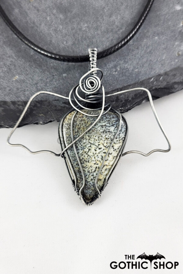 Swirly Bat Wing Dendritic Opal Oxidised Silver Gothic Pendant Necklace