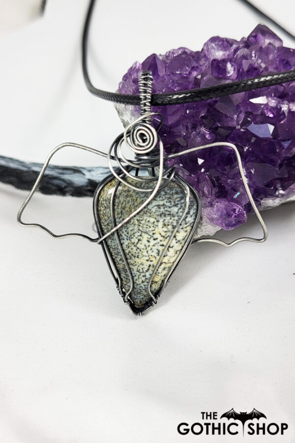 Swirly Bat Wing Dendritic Opal Oxidised Silver Gothic Pendant Necklace