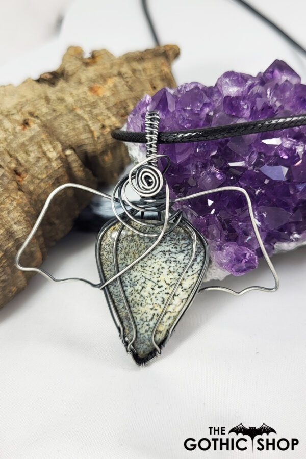 Swirly Bat Wing Dendritic Opal Oxidised Silver Gothic Pendant Necklace
