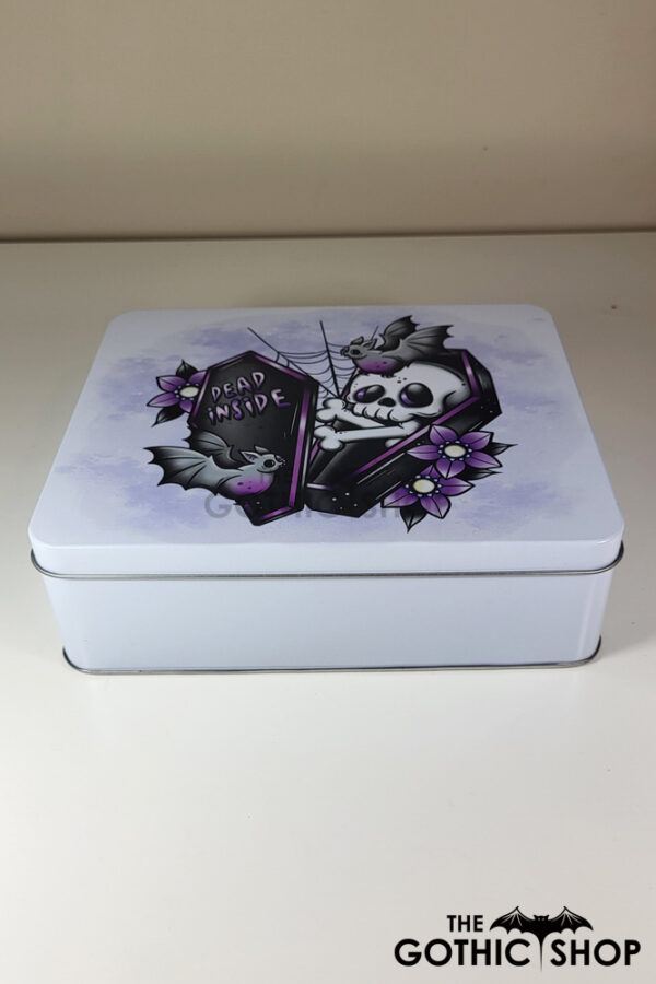 dead inside skeleton in purple coffin white large gothic rectangular tin