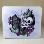 dead inside skeleton in purple coffin white large gothic rectangular tin