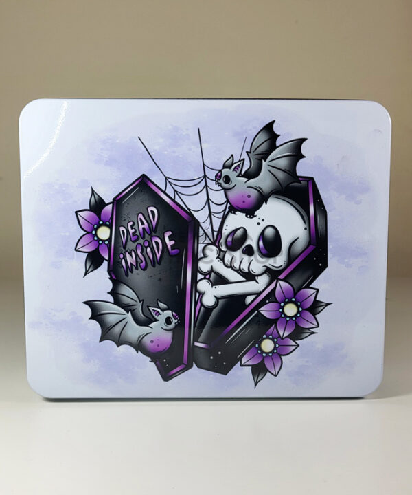 dead inside skeleton in purple coffin white large gothic rectangular tin