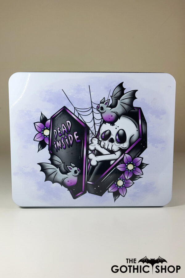 dead inside skeleton in purple coffin white large gothic rectangular tin