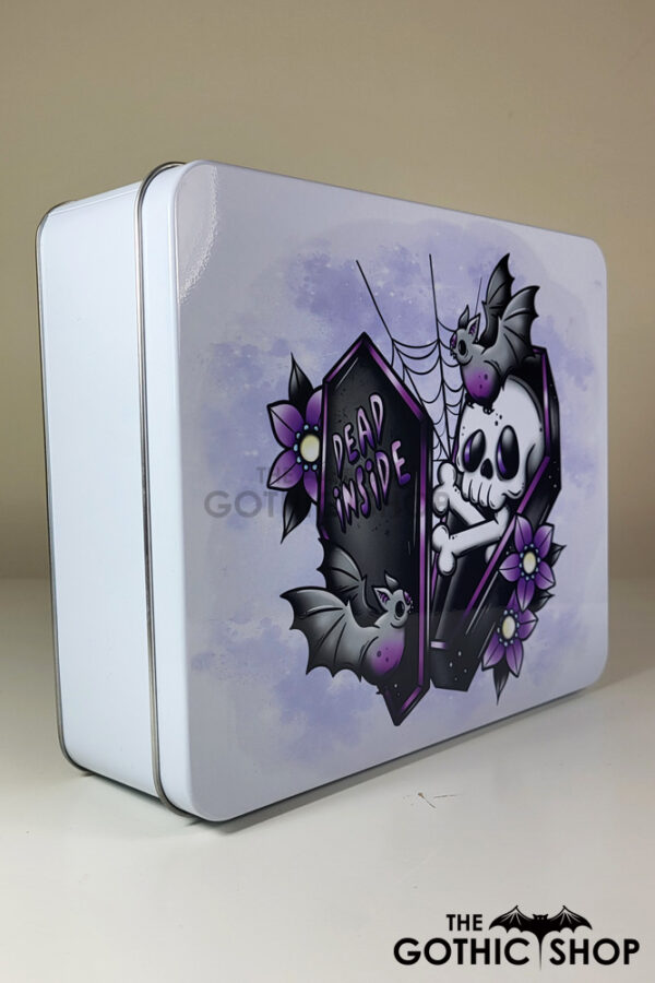 dead inside skeleton in purple coffin white large gothic rectangular tin