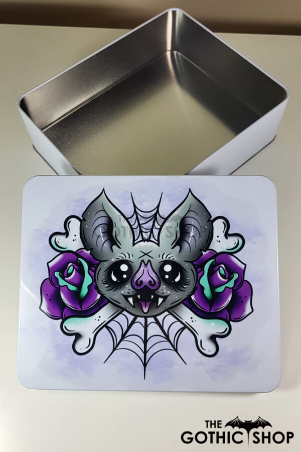 Rosita Bat Cobwebs White Large Gothic Keepsake Rectangular Tin