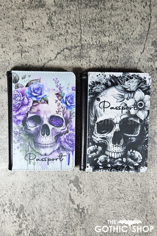 floral skull black white gothic passport & credit card holder