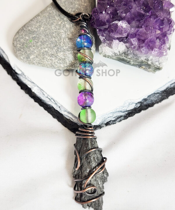 Black Kyanite & Glass Bead Wire Wrapped Witchy Broomstick Pendant Necklace
