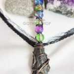 Black Kyanite & Glass Bead Wire Wrapped Witchy Broomstick Pendant Necklace