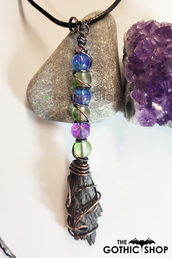 Black Kyanite & Glass Bead Wire Wrapped Witchy Broomstick Pendant Necklace