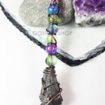 Black Kyanite & Glass Bead Wire Wrapped Witchy Broomstick Pendant Necklace