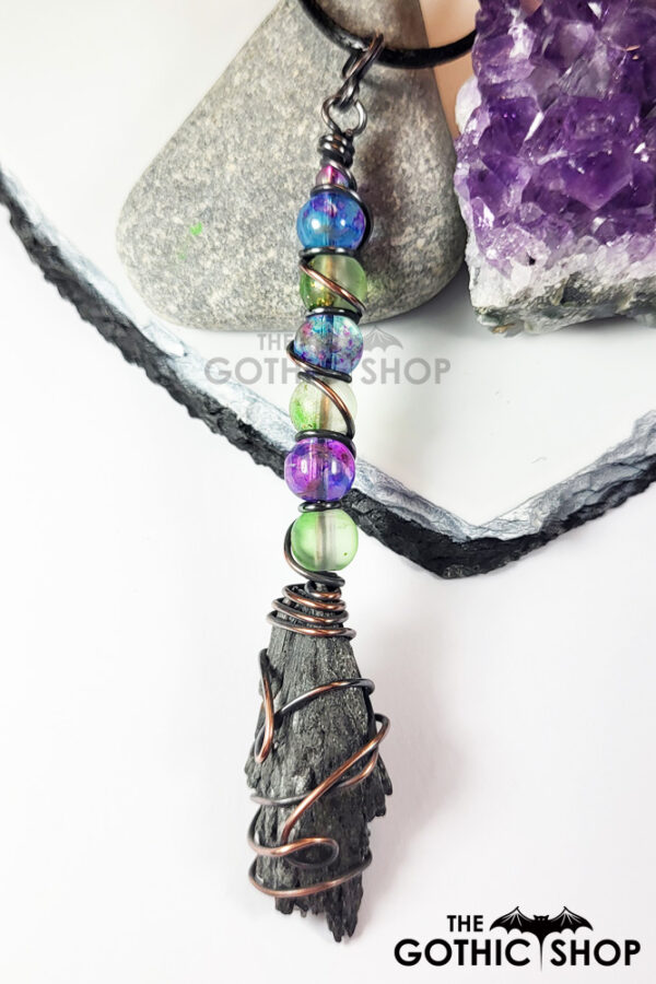 Black Kyanite & Glass Bead Wire Wrapped Witchy Broomstick Pendant Necklace
