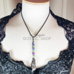 Black Kyanite & Glass Bead Wire Wrapped Witchy Broomstick Pendant Necklace