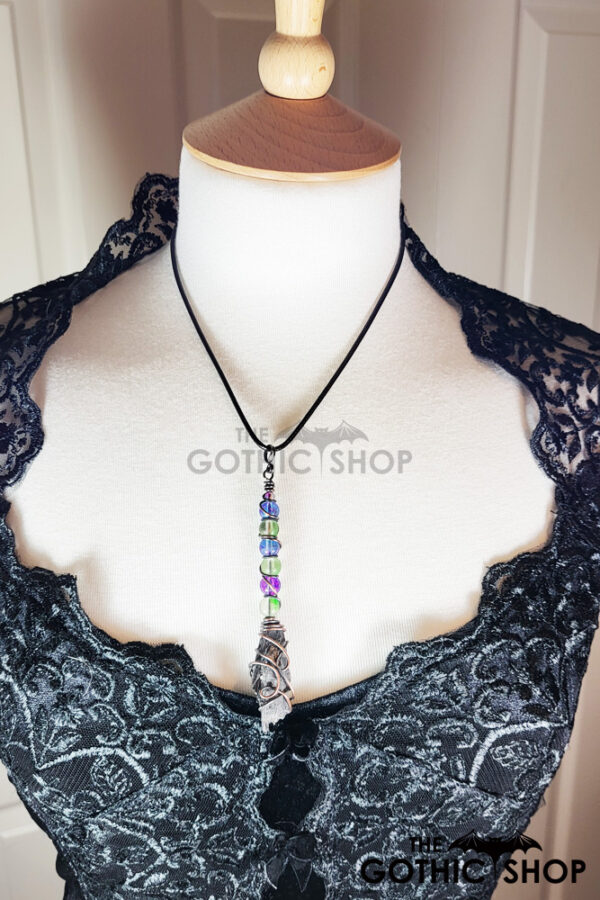 Black Kyanite & Glass Bead Wire Wrapped Witchy Broomstick Pendant Necklace