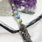 Black Kyanite & Glass Bead Silver Wire Wrapped Witchy Broomstick Pendant Necklace