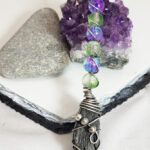 Black Kyanite & Glass Bead Silver Wire Wrapped Witchy Broomstick Pendant Necklace
