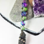 Black Kyanite & Glass Bead Silver Wire Wrapped Witchy Broomstick Pendant Necklace