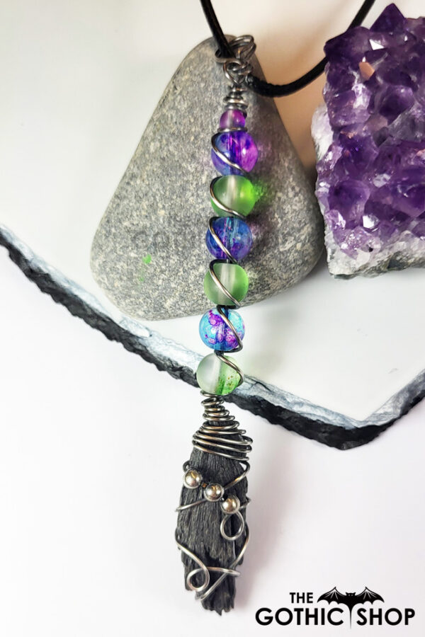 Black Kyanite & Glass Bead Silver Wire Wrapped Witchy Broomstick Pendant Necklace