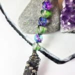 Black Kyanite & Glass Bead Silver Wire Wrapped Witchy Broomstick Pendant Necklace